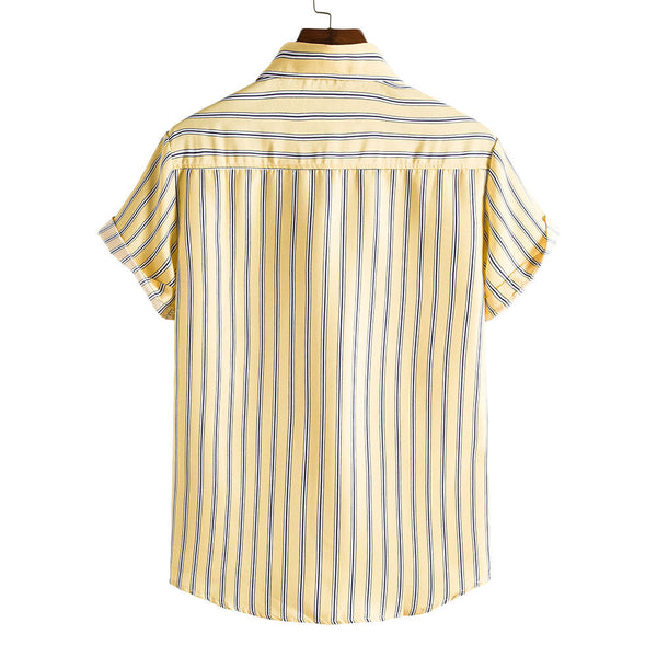 Men's Yellow Striped Short Sleeves Printed Shirt