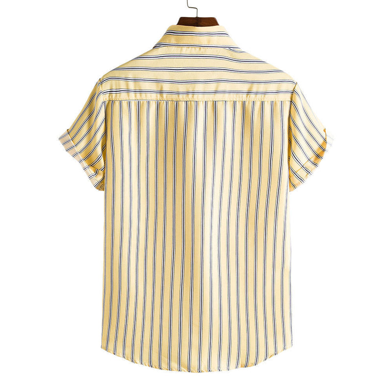 Men's Yellow Striped Short Sleeves Printed Shirt