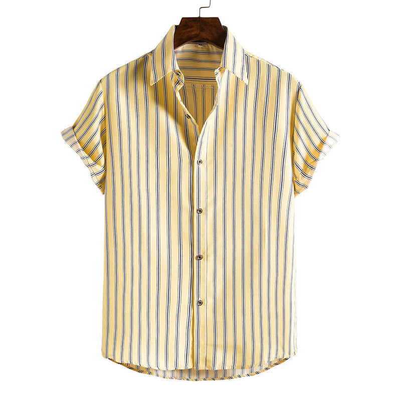 Men's Yellow Striped Short Sleeves Printed Shirt