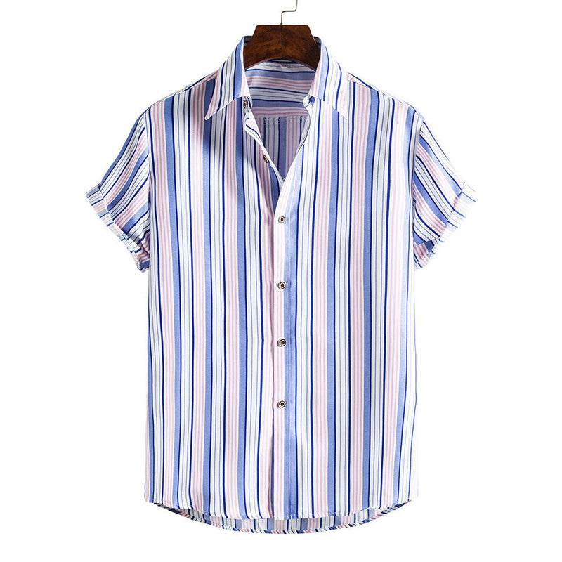 Men's Blue & Pink Striped Short Sleeves Printed Shirt