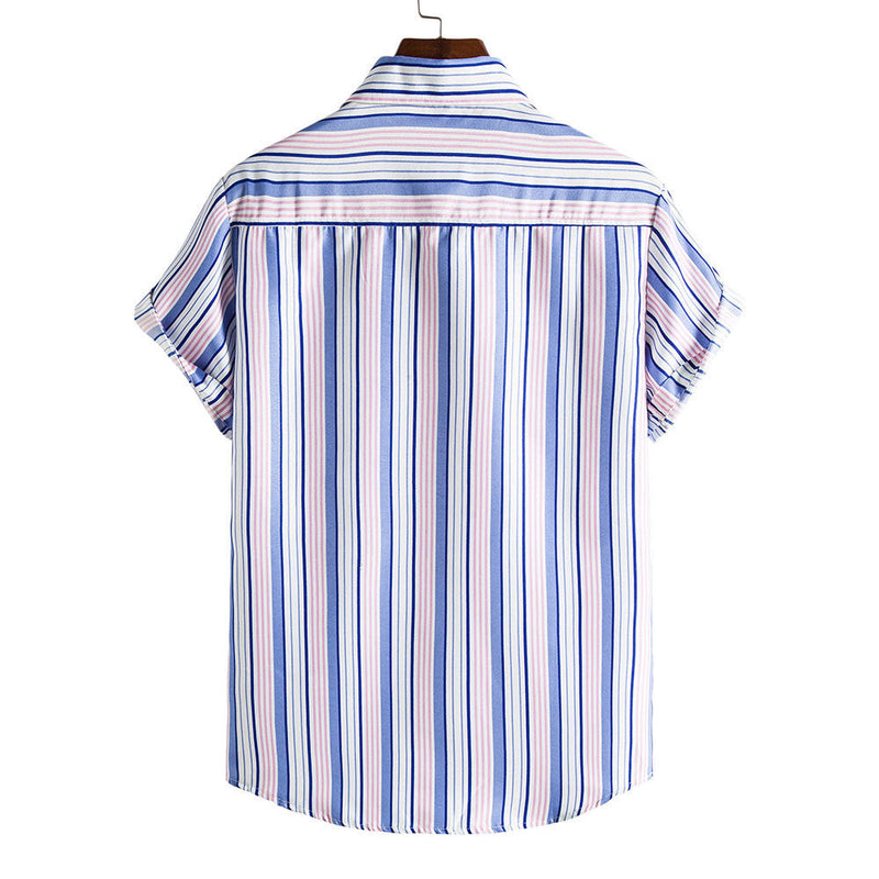 Men's Blue & Pink Striped Short Sleeves Printed Shirt