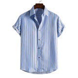 Men's Blue Striped Short Sleeves Printed Shirt