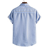 Men's Blue Striped Short Sleeves Printed Shirt