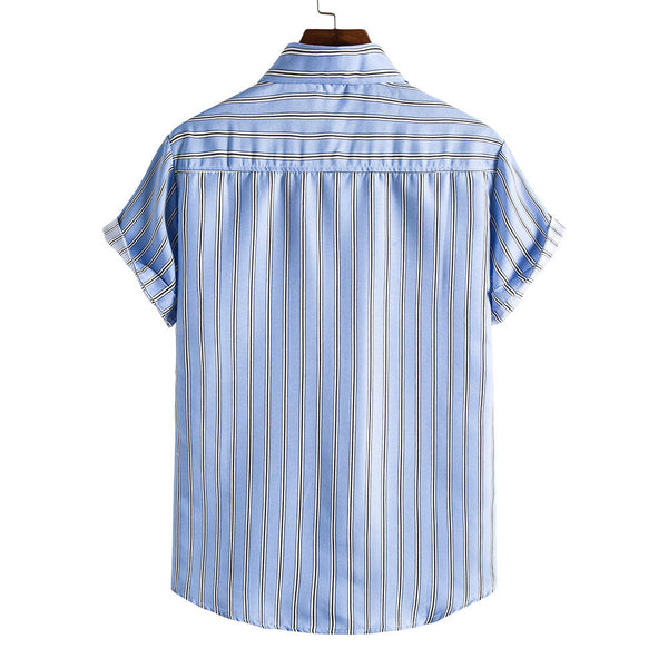 Men's Blue Striped Short Sleeves Printed Shirt