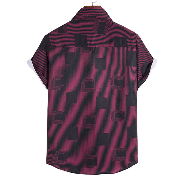 Men's Maroon Striped Short Sleeves Printed Shirt