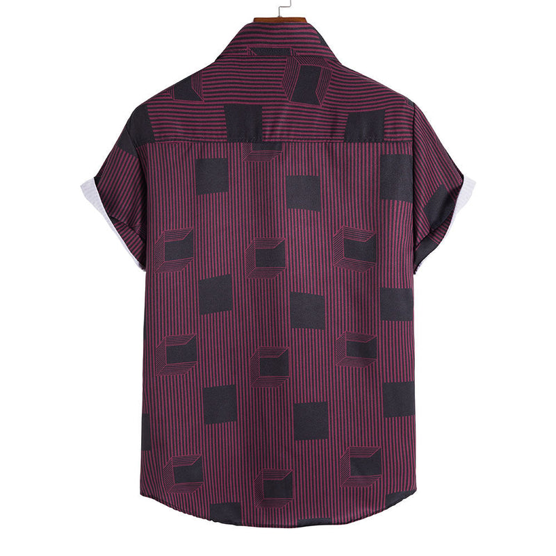 Men's Maroon Striped Short Sleeves Printed Shirt