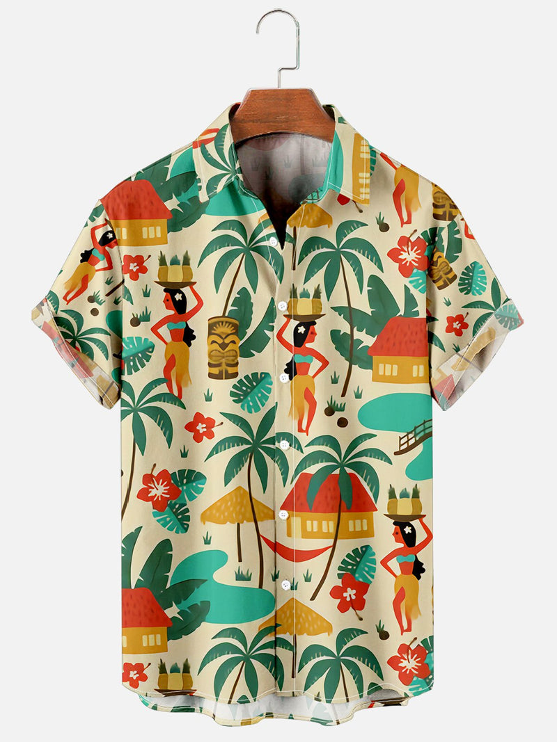 Mens Aloha Beach Retro Hippie Girl Hawaiian Short Sleeve Printed Shirt