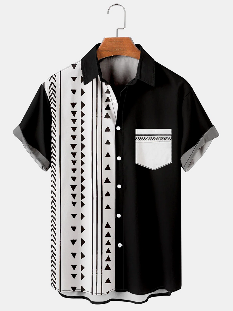 Men's Black & White Short Sleeves Printed Shirt