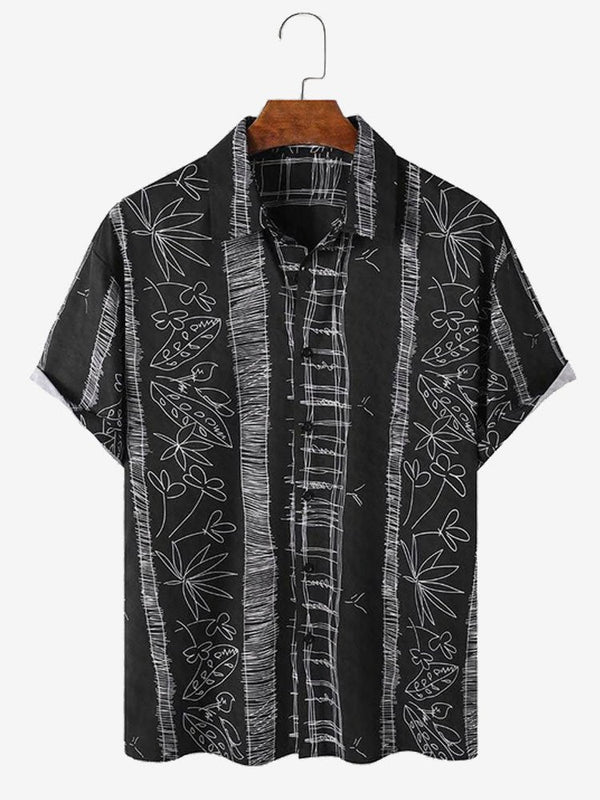 Men's Simple Striped Botanical Floral Print Short Sleeve Shirt