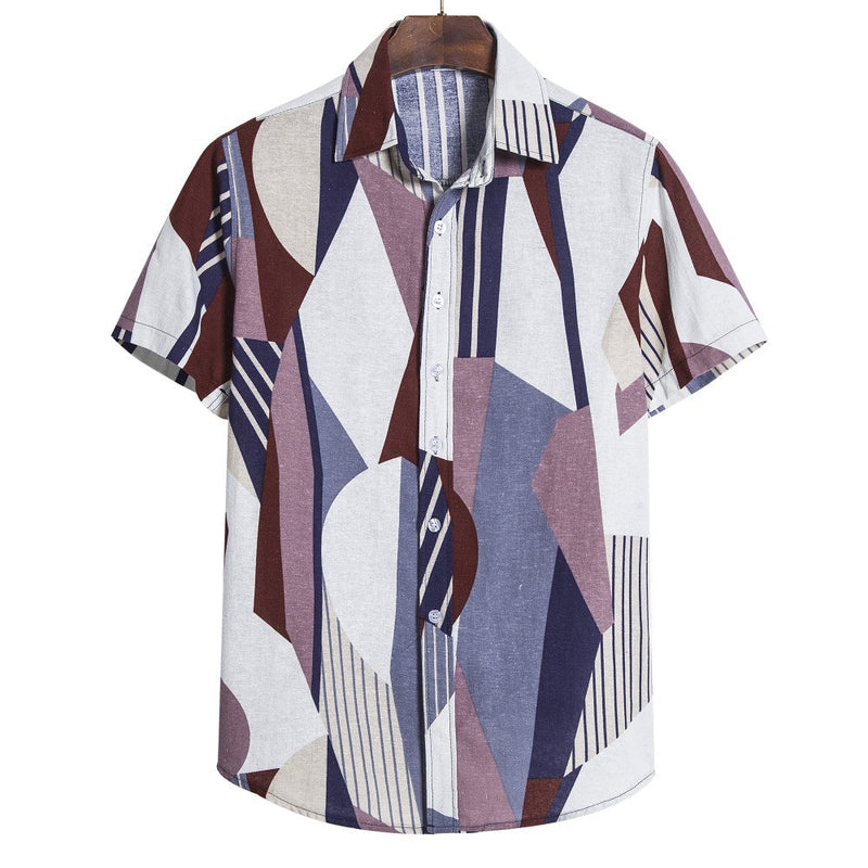 Men's Blue & White Abstract Pattern Short Sleeves Printed Shirt