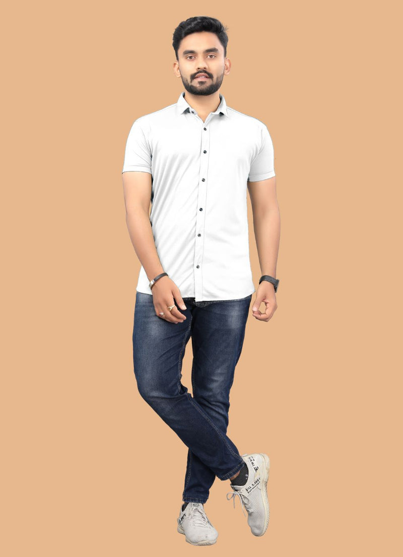 White Plain Casual Lycra Shirt