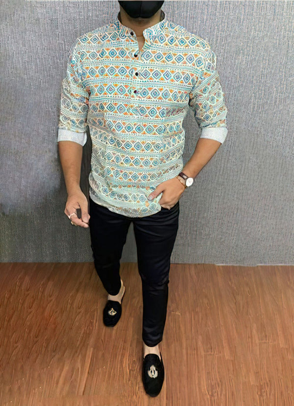 White Ethnic Pattern Printed Kurta Shirts