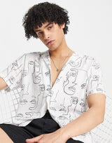 PREMIUM REVERE ONE BUTTON SHIRT WITH WHITE SCRIBBLE FACE PRINT