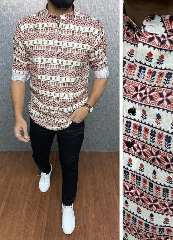 White & Red Ethnic Pattern Printed Kurta Shirts