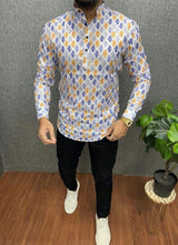 White Geometric Pattern Printed Kurta Shirts