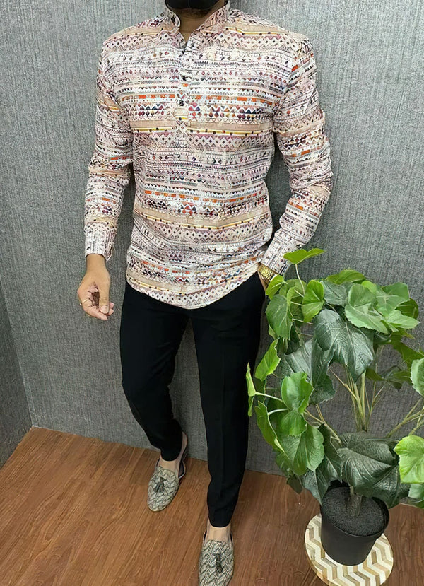 White Ethnic Pattern Printed Kurta Shirts