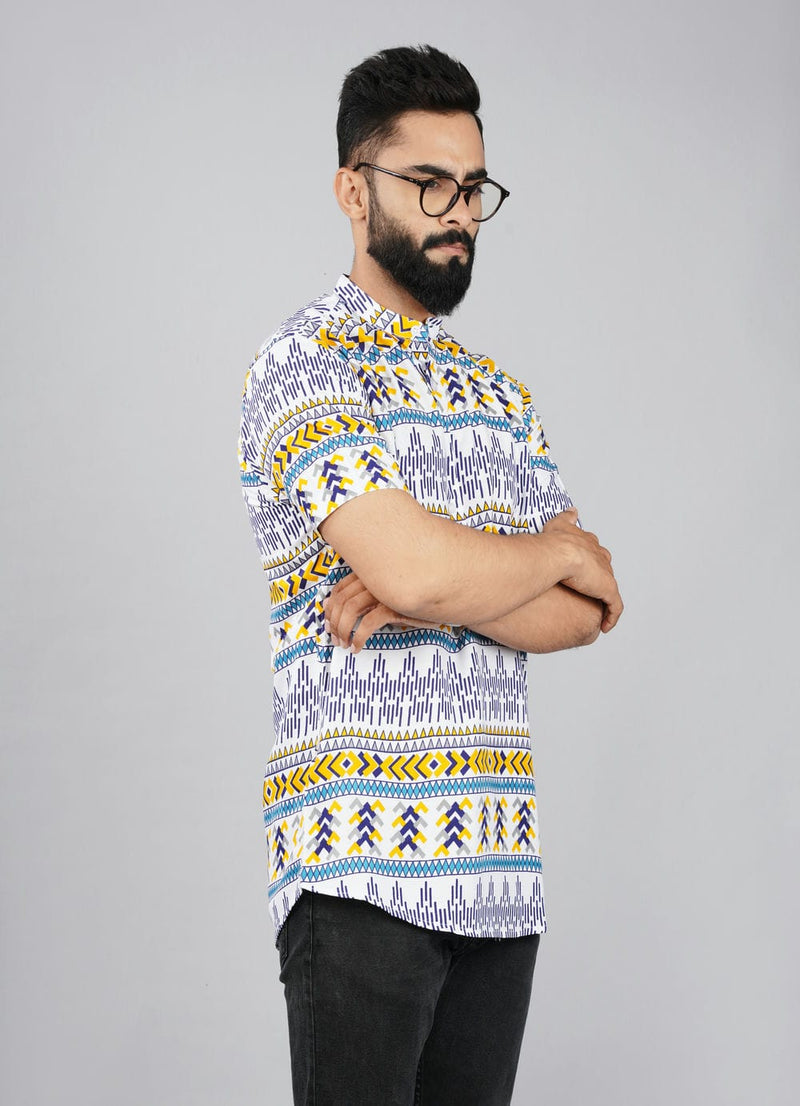 White & Yellow Ethnic Pattern Printed Kurta Shirts