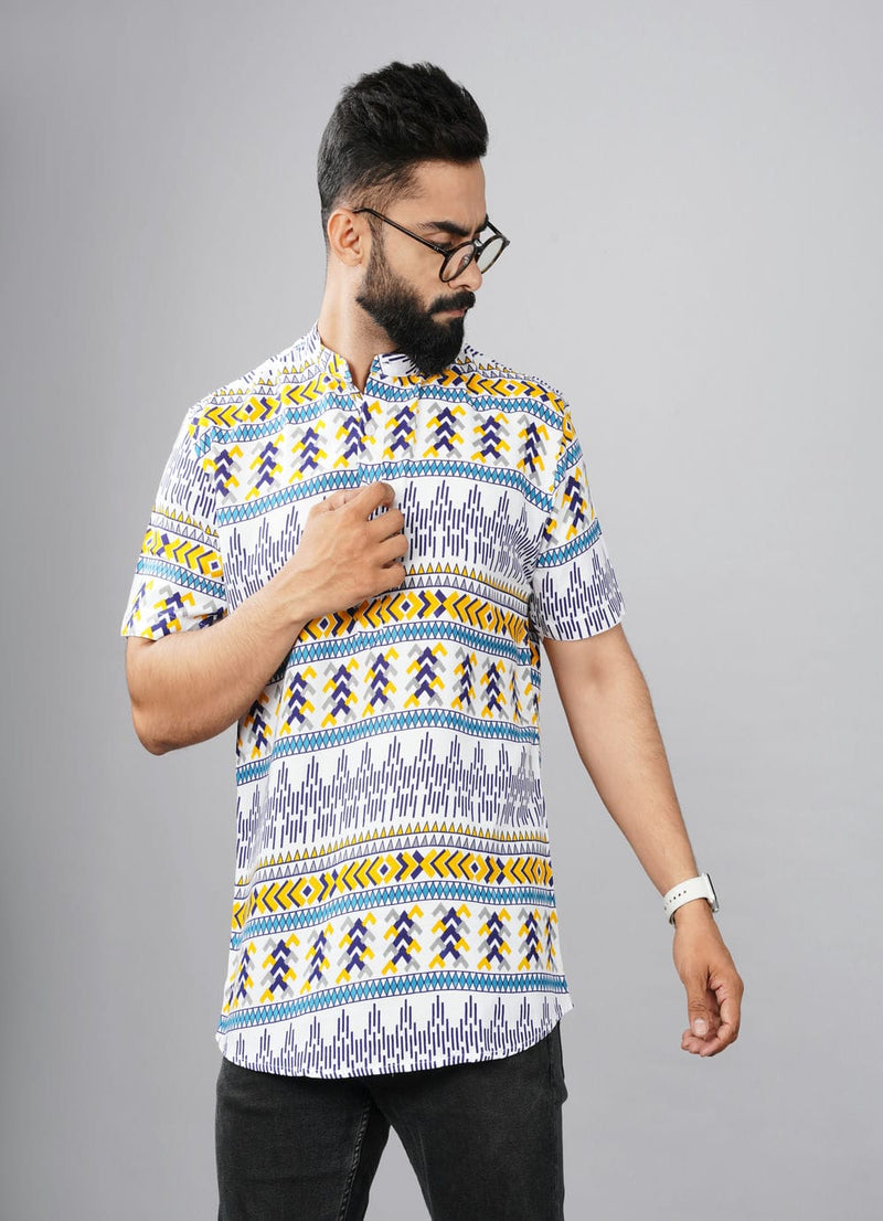 White & Yellow Ethnic Pattern Printed Kurta Shirts