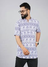 White & Blue Traditional Pattern Printed Kurta Shirts