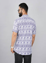 White & Blue Traditional Pattern Printed Kurta Shirts