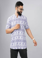 White & Blue Traditional Pattern Printed Kurta Shirts