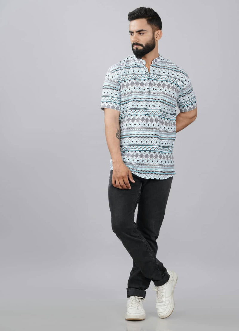 Sky Blue Ethnic Pattern Printed Kurta Shirts