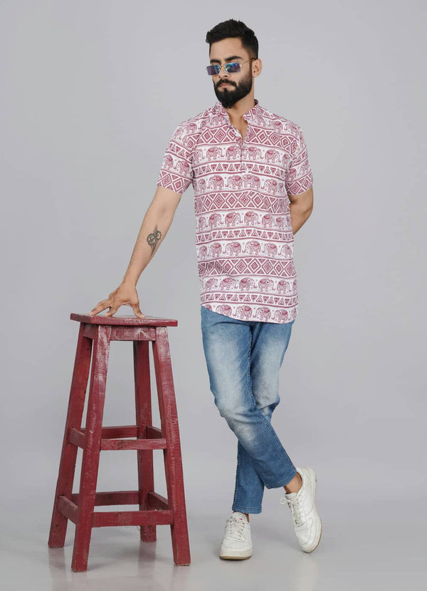 White & Red Traditional Pattern Printed Kurta Shirts