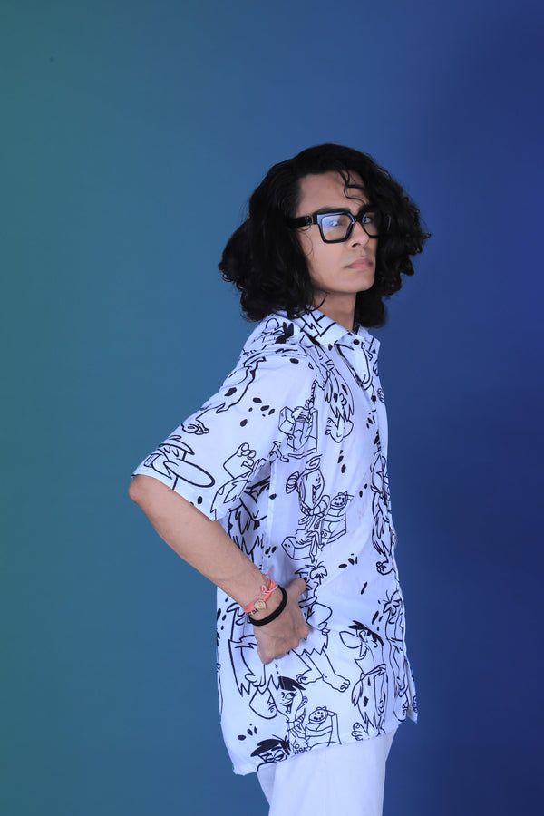 WHITE FUNNY CARTOON PATTERN DIGITAL PRINTED SHIRT