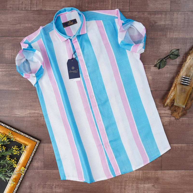 BLUE AND PINK STRIPES PRINTED SHIRT