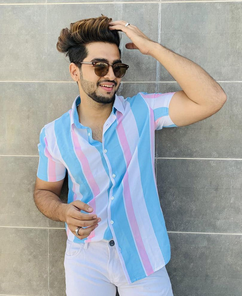 BLUE AND PINK STRIPES PRINTED SHIRT