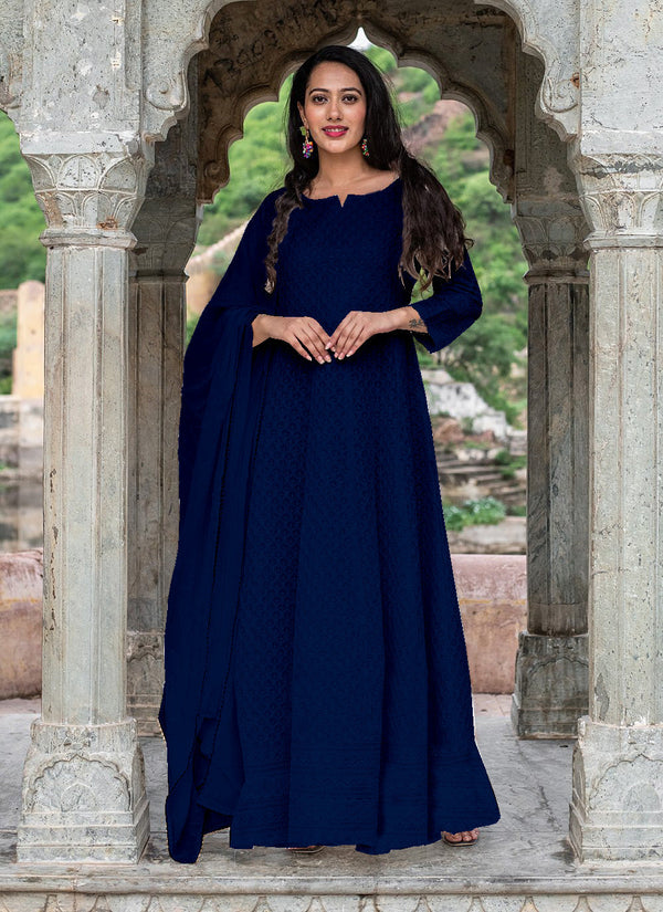 Majestic Navy Blue Chikankari Gown With Duppata Set