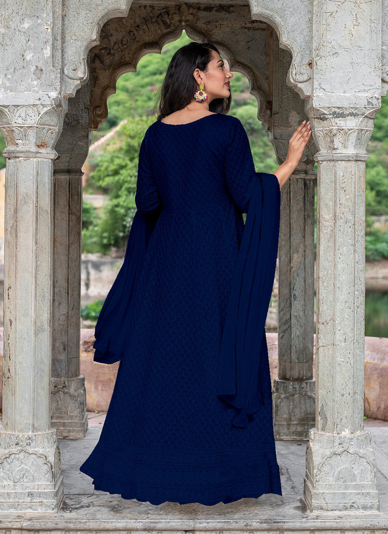 Majestic Navy Blue Chikankari Gown With Duppata Set