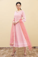 Pink Chikankari Anarkali With Dupatta Set