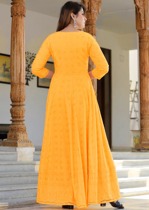 Yellow Designer Anarkali Gown In Rayon With Lucknowi Chikankari Embroidery Work