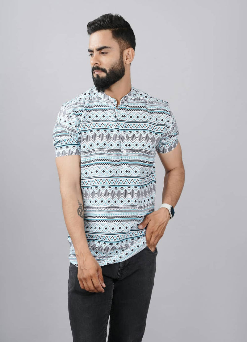 Sky Blue Ethnic Pattern Printed Kurta Shirts