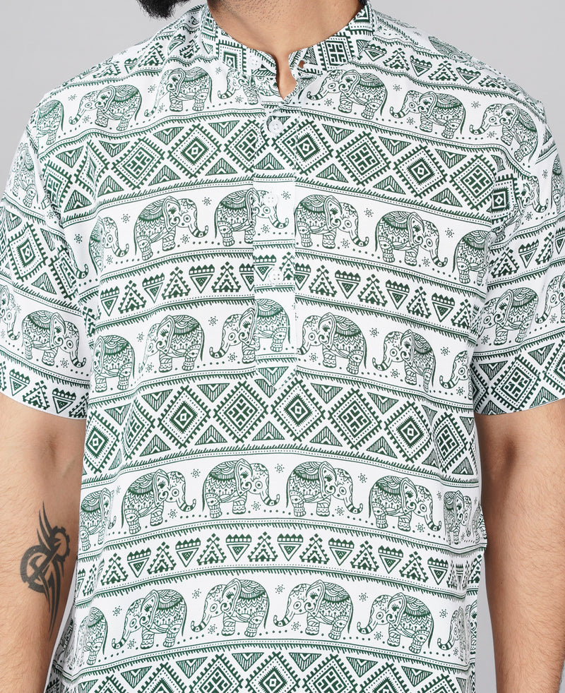 White & Green Ethnic Pattern Printed Kurta Shirts