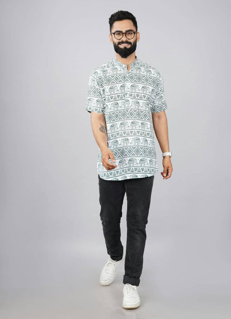 White & Green Ethnic Pattern Printed Kurta Shirts