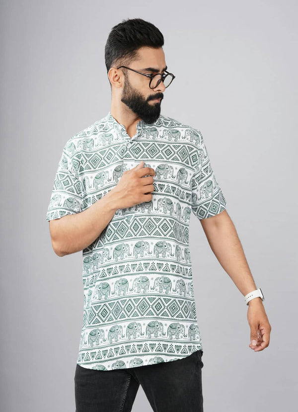 White & Green Ethnic Pattern Printed Kurta Shirts