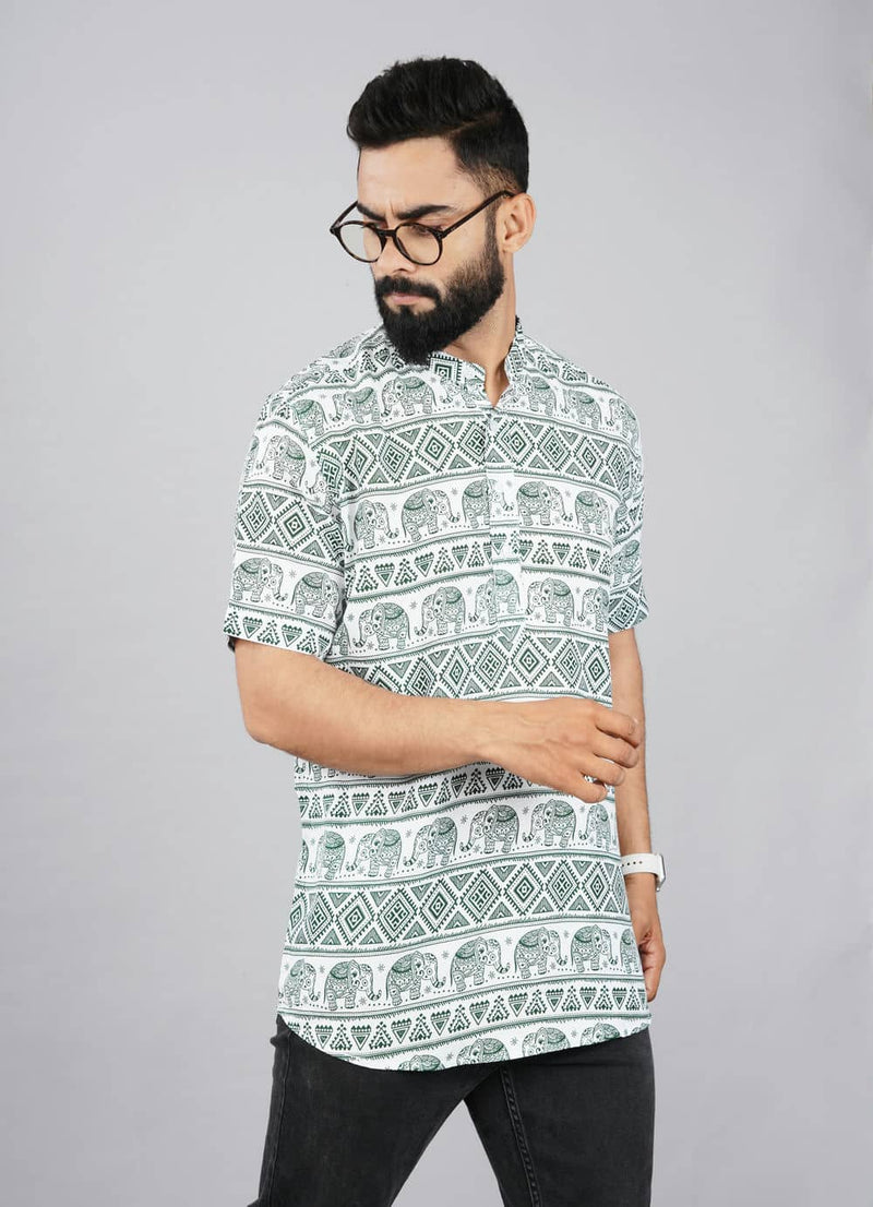 White & Green Ethnic Pattern Printed Kurta Shirts